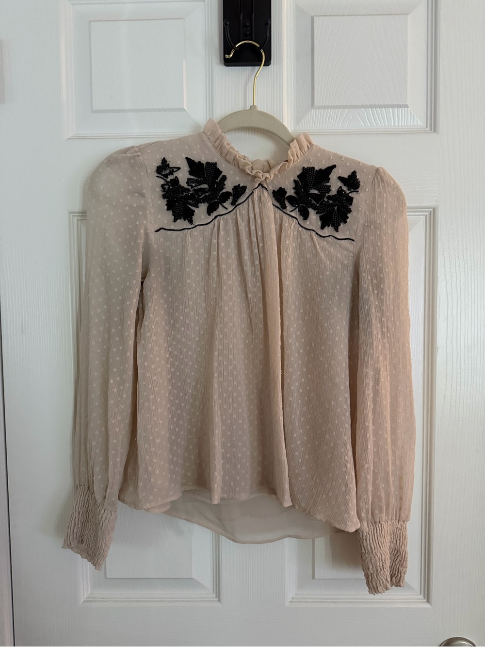 Zara Cream Blouse with Black Floral Appliqué